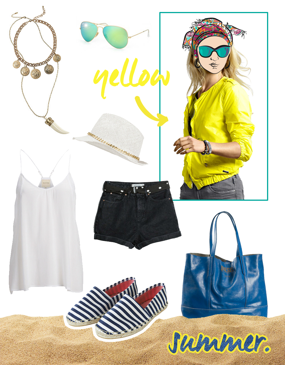 who is mocca, fashionblog tirol, otto blogger contest sommer outfit, perfekter Sommer look, inspiration, türkis, gelb, shorts, blouson, kimono, esoandrilles, shopper diesel, how to wear, how to style