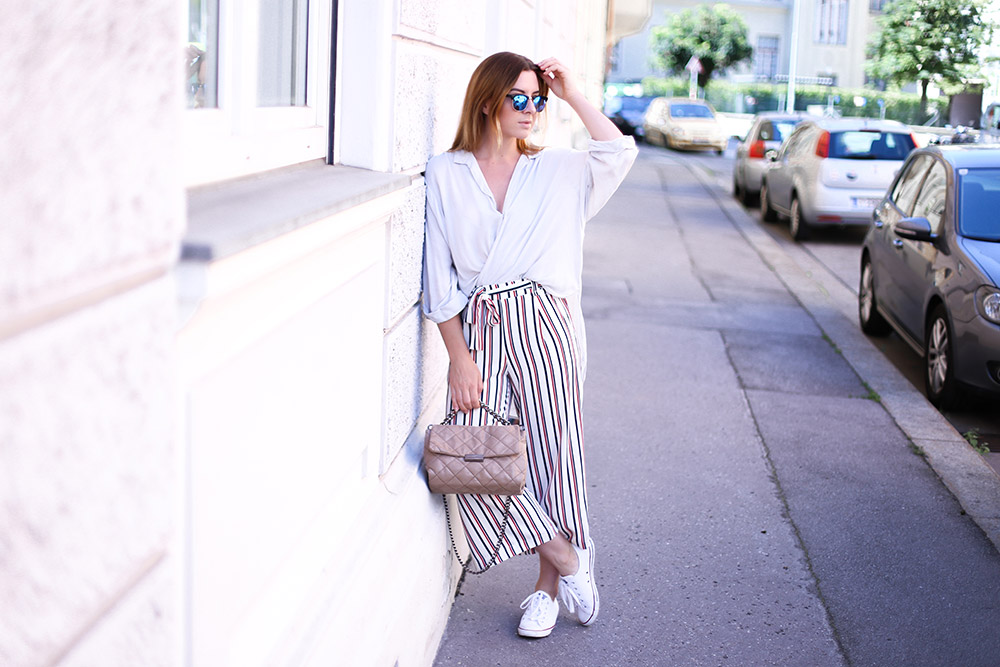 black and white striped culottes outfit