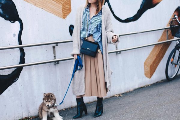 beiger Midi-Lederrock von & other stories, Karohemd und Strick, Outfit Blog, Modeblog, Streetstyle Tirol, Innsbruck, Grafitti, siberian husky puppy, Oversize, Layering, Herbst Outfit, whoismocca.com