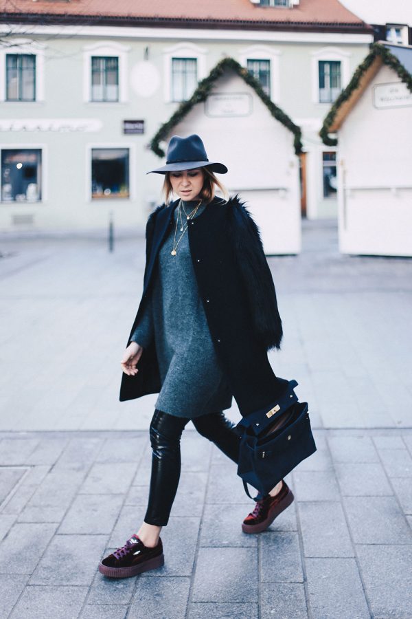Fenty Creepers, Puma, Rihanna, Outfit Idee, Winteroutfit, Streetstyle, Fake Fur, Lackleder, Outfit Blog, Modeblog, Fashion Blog, Style Blog, Kurt Geiger Tasche, Rag & Bone Fedora, whoismocca.com