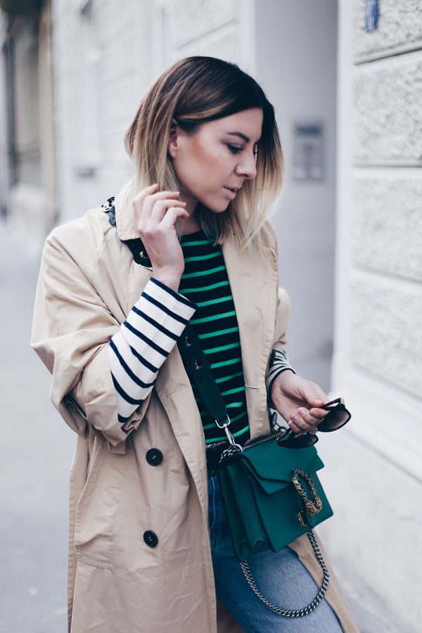 Bold Stripes Trend, How to wear, Streifen Trend, Streetstyle, Modeblog, Frühlings Trends, Fashion Blog, Trenchcoat mit Schleifen, Zara Mules, Gucci Dionysus in Grün, Outfit Blog, Style Blog, www.whoismocca.com