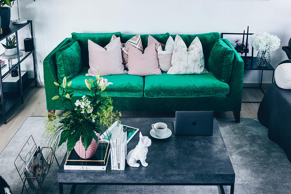 Unsere neue wohnzimmer einrichtung in grün, grau und rosa!