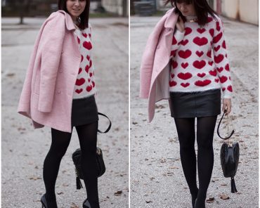 Outfit: rosa Mantel und Herzchen-Pullover Outfit: rosa Mantel und Herzchen-Pullover