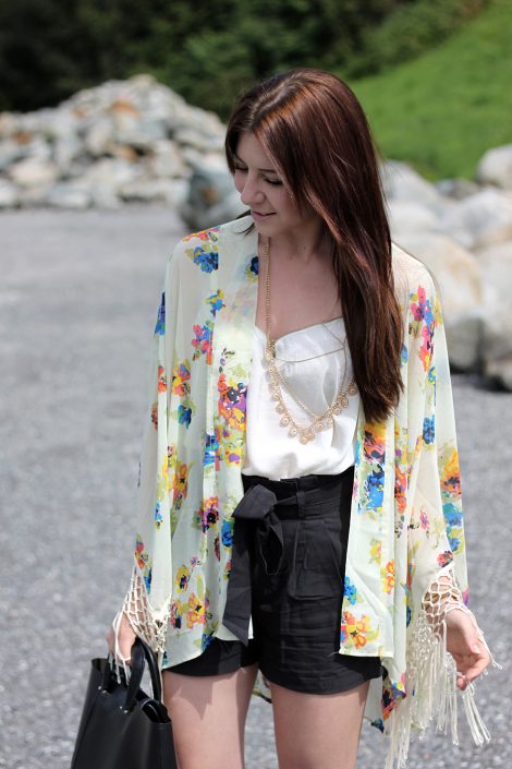 Outfit: High-Waist Shorts, Kimono & Sandaletten Outfit: High-Waist Shorts, Kimono & Sandaletten