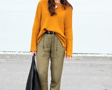 Outfit: Bundfaltenhose, senfgelber Strickpullover und Leoparden High Heels Outfit: Bundfaltenhose, senfgelber Strickpullover und Leoparden High Heels