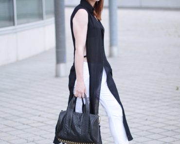 weiße Jeans von Mavi, Blusenkleid von Zara, Leder-BH von Gestuz weiße Jeans von Mavi, Blusenkleid von Zara, Leder-BH von Gestuz