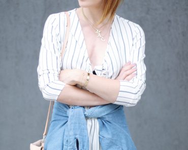 Jumpsuit mit Streifen von H&M, beige Flap Bag von COS und High Heels mit Riemchen von Asos Jumpsuit mit Streifen von H&M, beige Flap Bag von COS und High Heels mit Riemchen von Asos