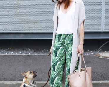 Palmen Culotte, Strickweste von Mango und Shopper in Bronze Palmen Culotte, Strickweste von Mango und Shopper in Bronze