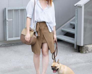 Wickelrock von Zara, Chloé Drew Lookalike Tasche und Oversize Streifenbluse Wickelrock von Zara, Chloé Drew Lookalike Tasche und Oversize Streifenbluse