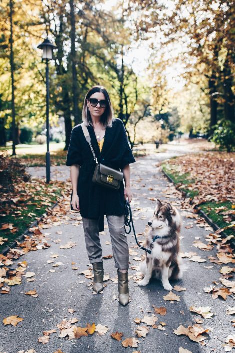 Herbst Outfit mit American Vintage Cardigan, Glencheck Hose und Cross-Body Bag Herbst Outfit mit American Vintage Cardigan, Glencheck Hose und Cross-Body Bag