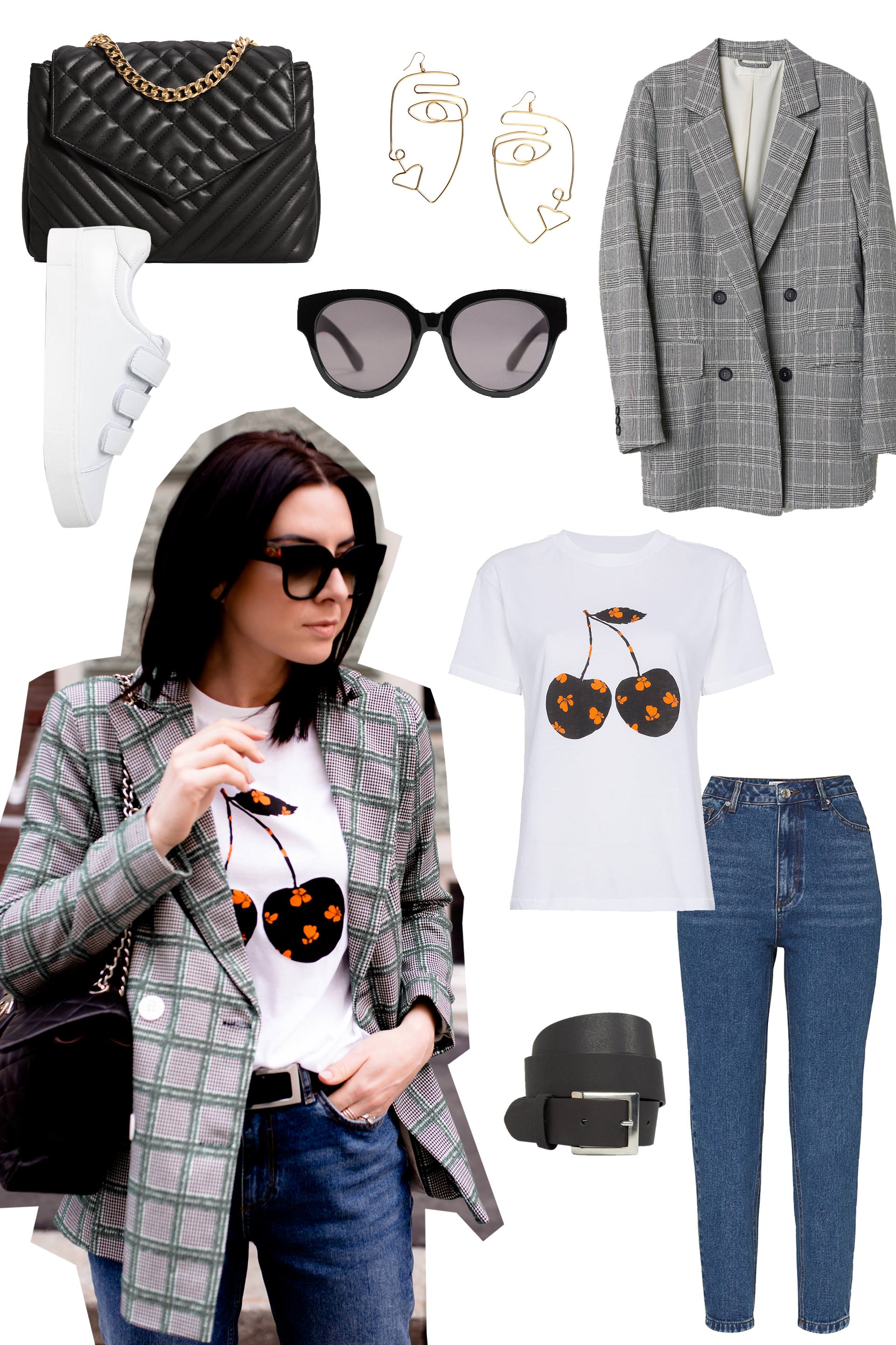 Tagesoutfit, Basic Casual Look, Casual Chic Styling, Muster miteinander kombinieren, Printmix Outfit, Mom Jeans stylen, Karierter Blazer, Ganni Cherry Shirt, Fashion Blogger, Mode Magazin, www.whoismocca.com
