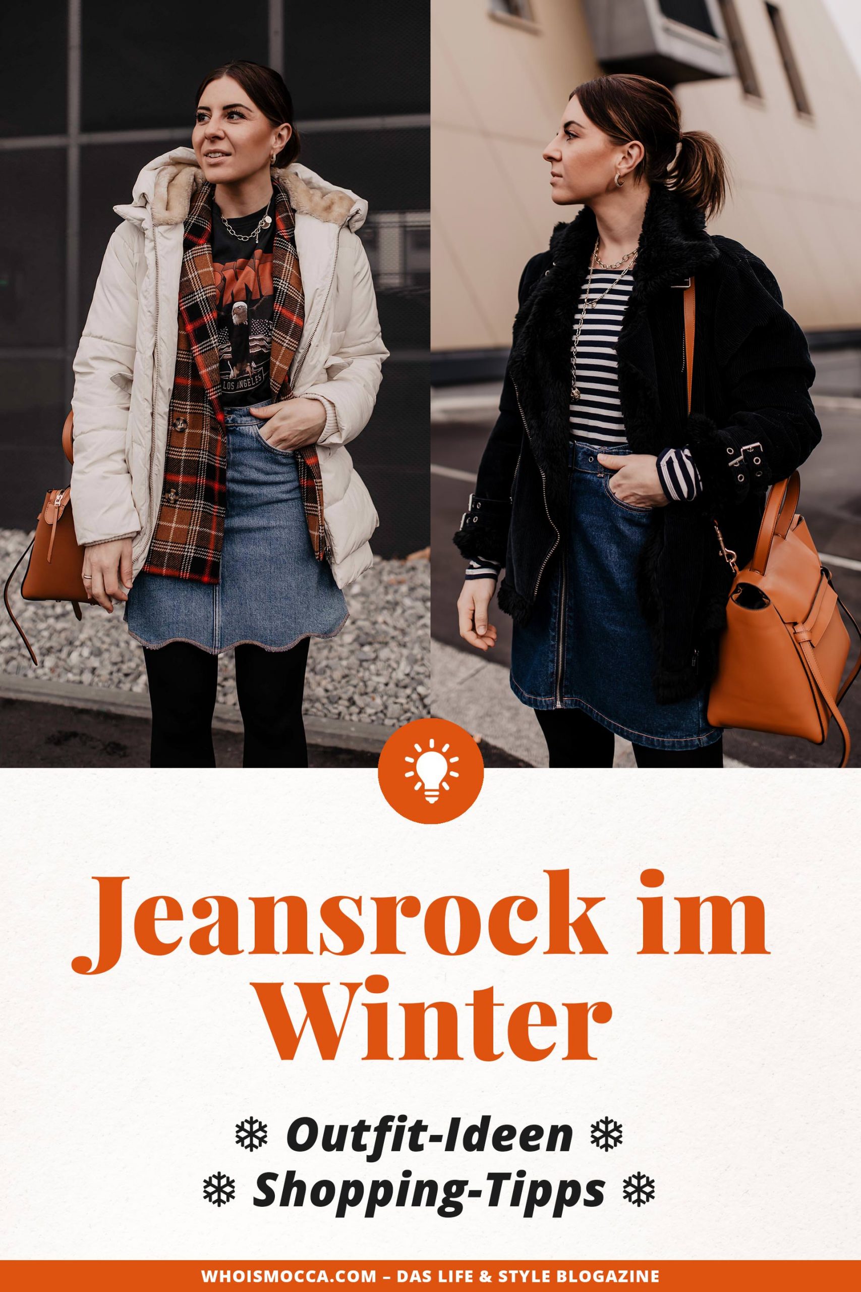 Am Modeblog gibt es heute 2 Outfits mit Jeansrock für dich zu entdecken. Ich zeige dir, wie gut sich ein Jeansrock im Winter kombinieren lässt und gebe dir Tipps, wo du die schönsten Denim Skirts online kaufen kannst. www.whoismocca.com #winteroutfits #jeansrock #modetrends #wintertrends