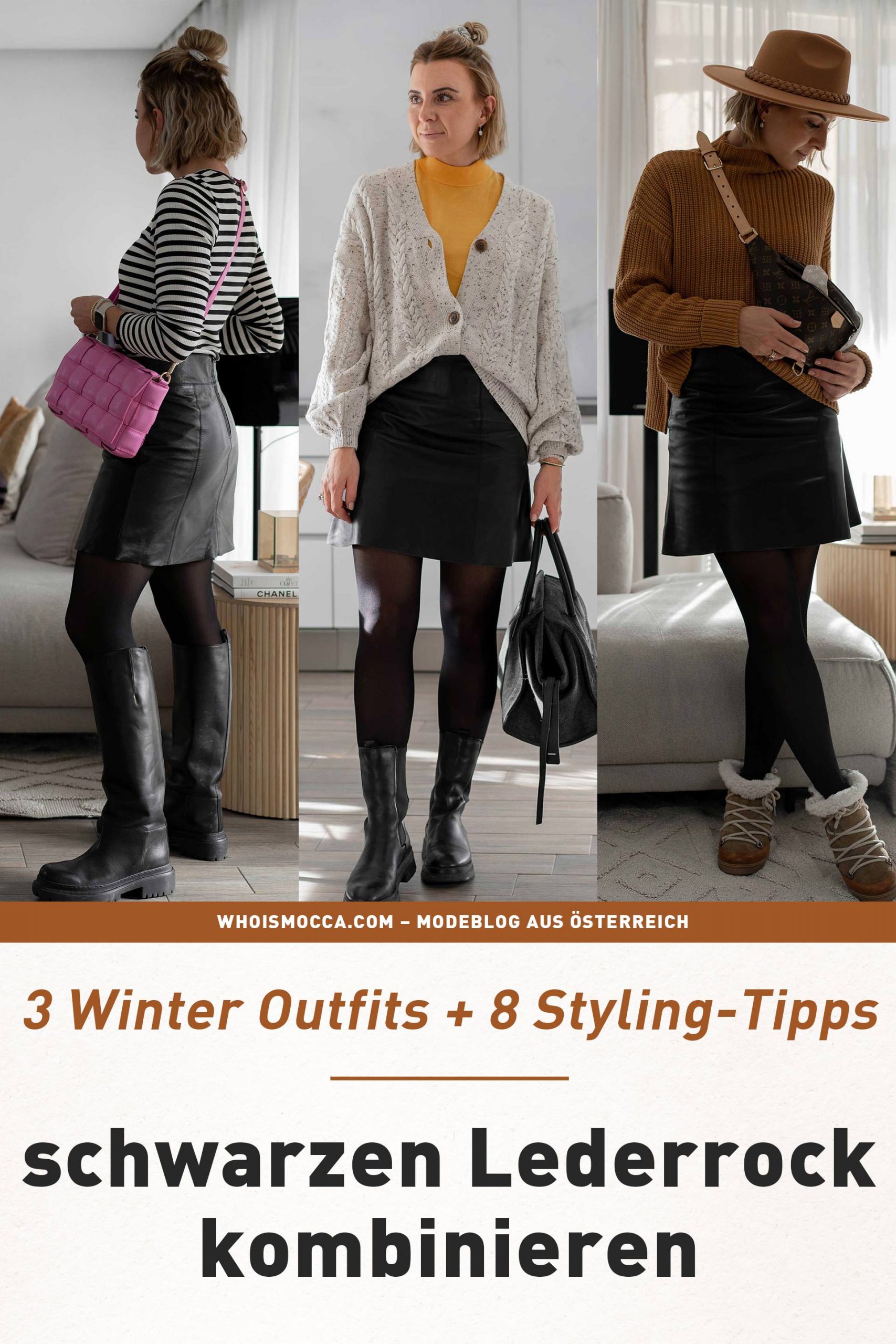 Anzeige. Wie gut du einen schwarzen Lederrock kombinieren kannst, zeige ich dir heute in 3 unterschiedlichen Winter Outfits. www.whoismocca.com