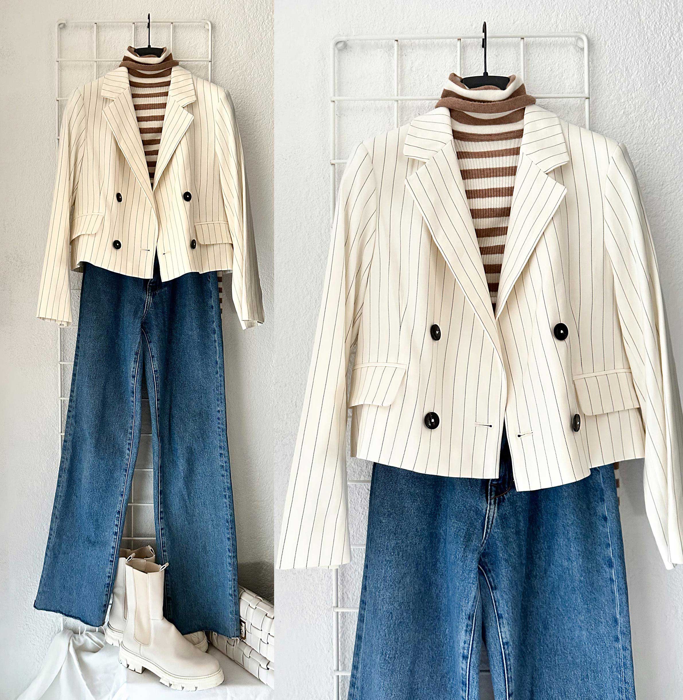 Schöne Outfit-Idee für den Alltag mit Wide-High-Jeans, Rollkragenpullover und cropped Blazer. Für mehr Outfit-Inspirationen klicke auf das Bild! 