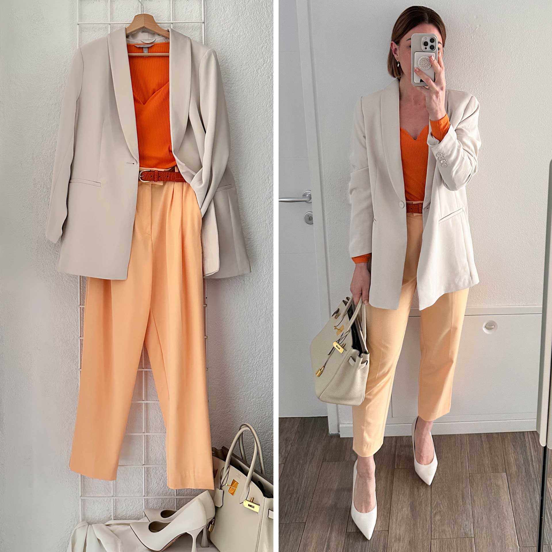 Entdecke Frühlingsoutfits, die deine Vorliebe für aktuelle Modetrends berücksichtigen! Style dich in apricotfarbener Hose, orangem Strickshirt und beigem Blazer. 4 weitere Outfit-Ideen findest du am Blog.