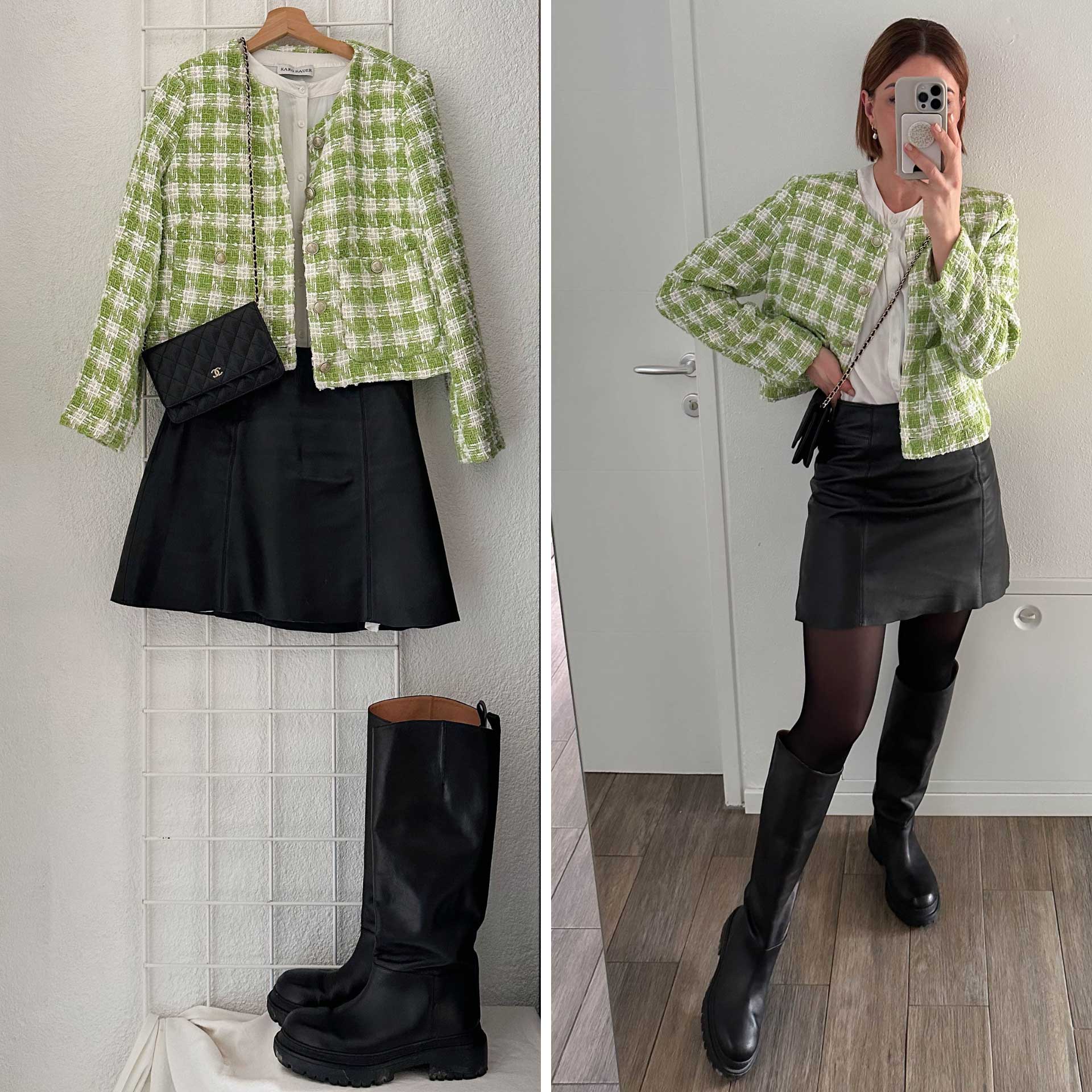 Was ziehe ich heute an? Du bist auf der Suche nach Frühlingsoutfits? Am Modeblog zeige ich dir 5 Outfit-Ideen. Wie wäre es mit einer Kombination aus schwarzem Lederrock, kniehohen Boots und Tweed-Jacke?